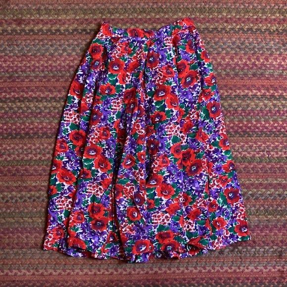 VINTAGE RED & PURPLE FLORAL MIDI MAXI LONG SKIRT PLEATED FLOWY - Picture 4 of 4